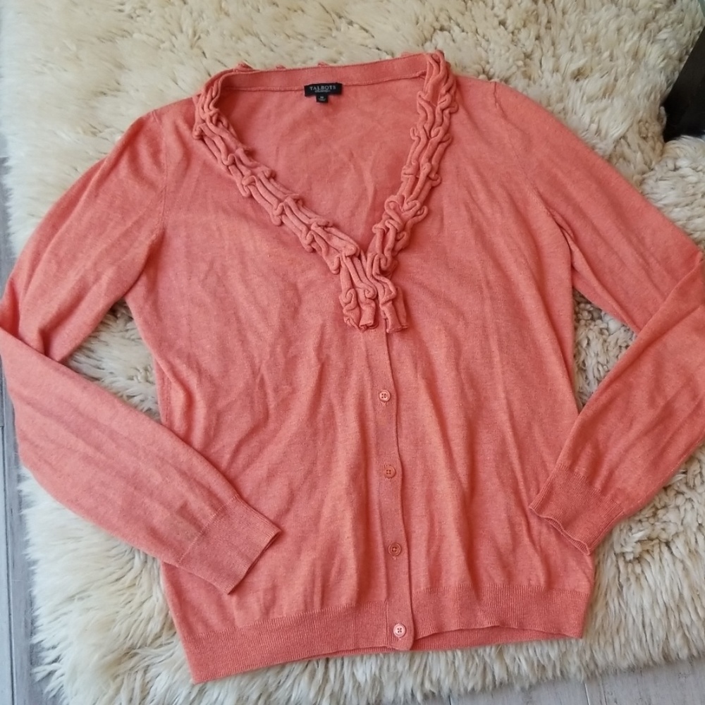 Talbots Ruffled V Neck Button Down Cardigan